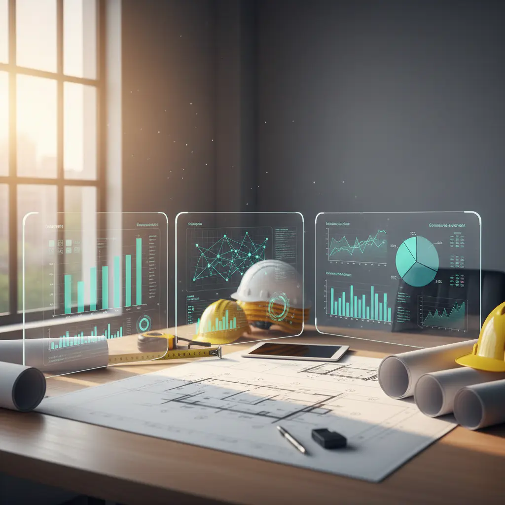 Construction analytics charts and blueprints