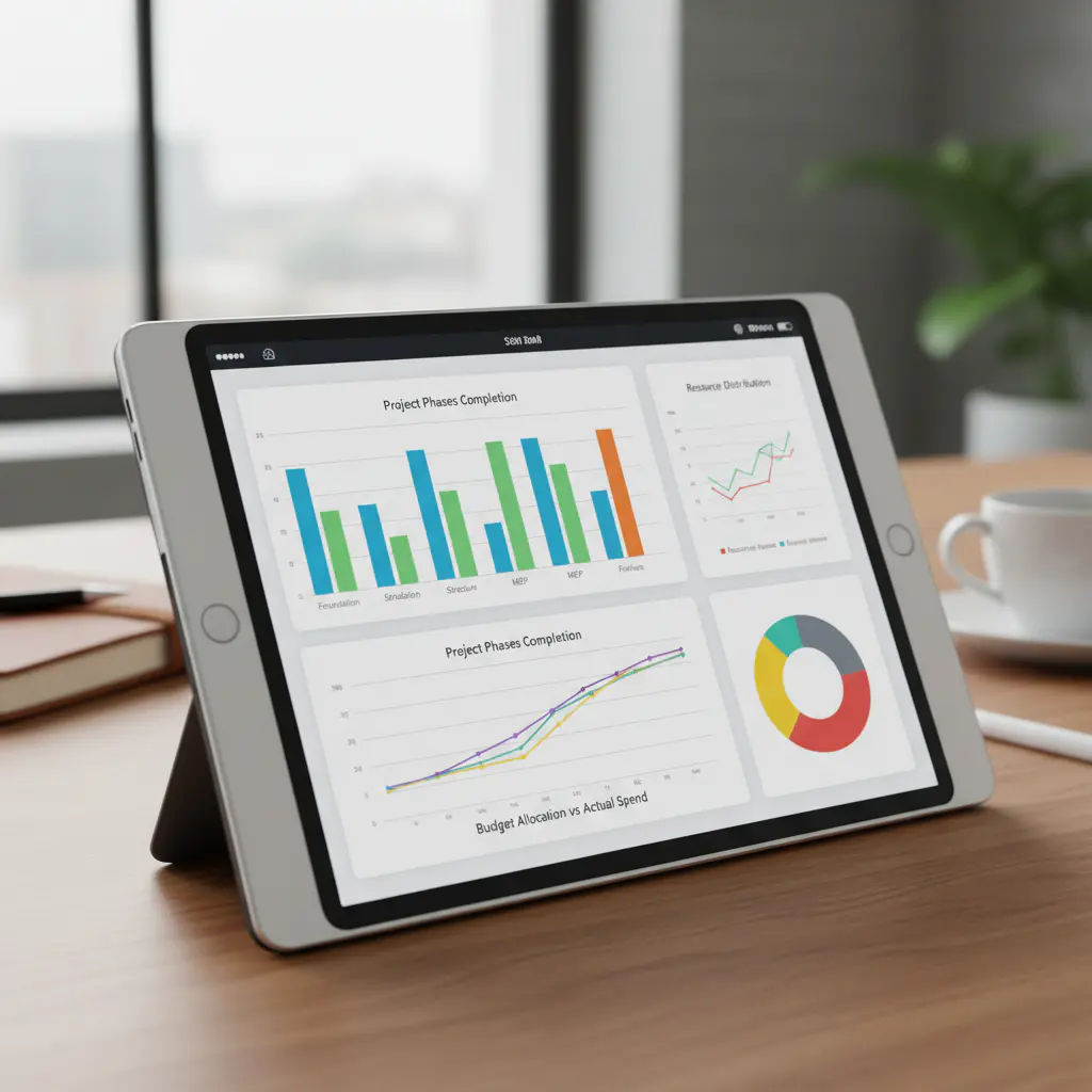 Tablet displaying construction project management charts