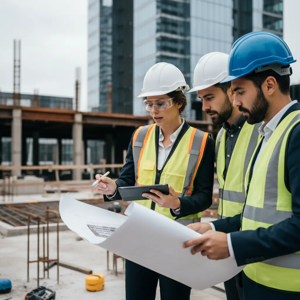 Professionals reviewing blueprints with tablet
